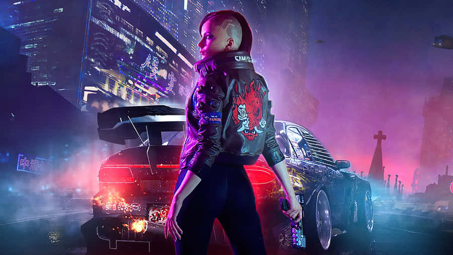 A Woman In A Black Jacket Standing In Front Of A Car Wallpaper