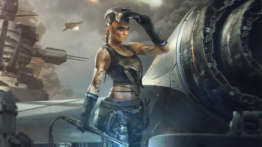 A Woman In A Futuristic Setting With A Gun Wallpaper