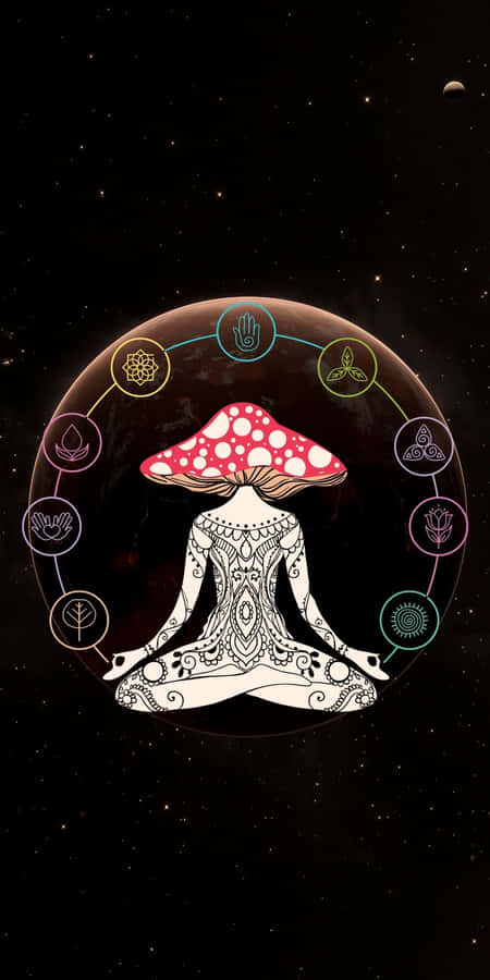 A Woman In A Lotus Pose With A Mushroom In The Background Wallpaper