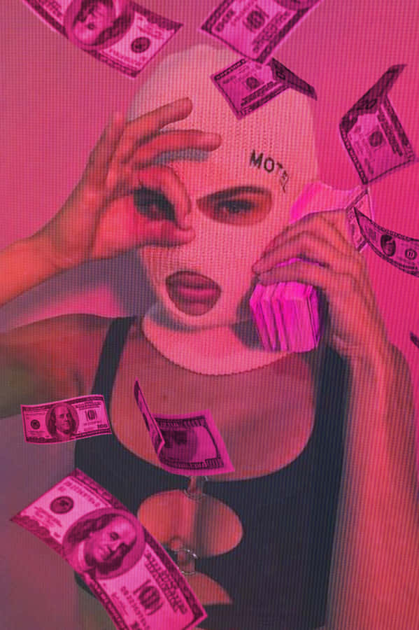 A Woman In A Pink Mask With Money Flying Around Her Wallpaper