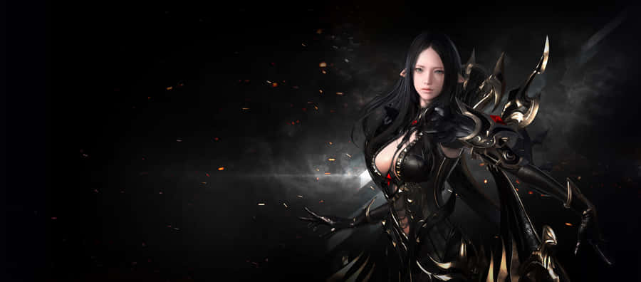 A Woman In Black Armor With Swords Wallpaper