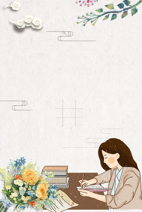 A Woman Is Sitting At A Desk With Flowers And A Notebook Wallpaper