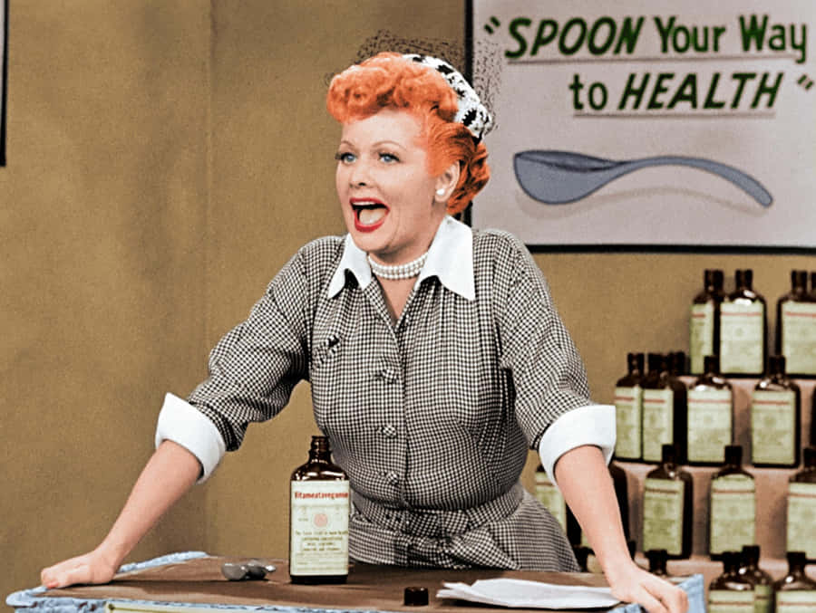 A Woman Is Standing In Front Of A Counter With Bottles Of Medicine Wallpaper