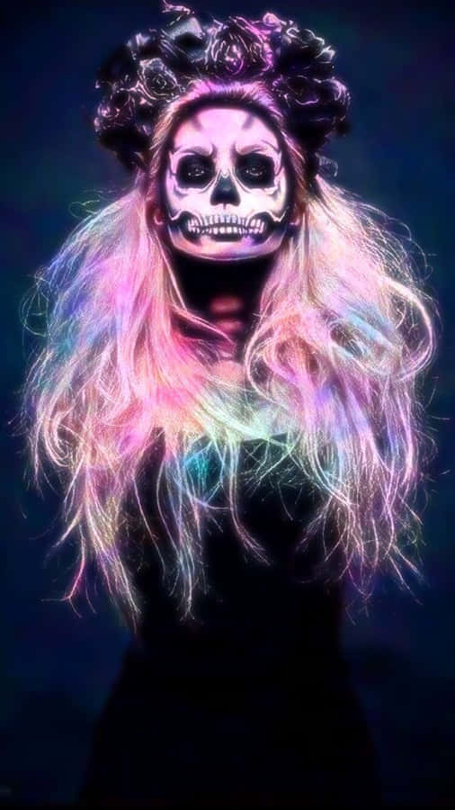 A Woman With A Pink Hair And Skeleton Makeup Wallpaper
