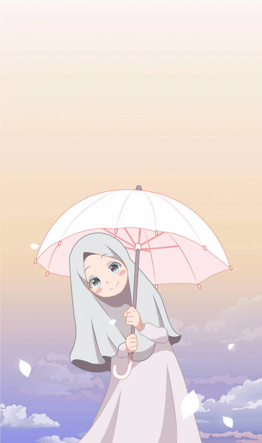 Adorable Cartoon Girl In Hijab With Umbrella Wallpaper