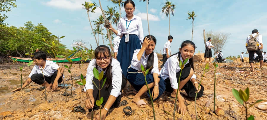 Adorable Young Students Planting Wallpaper