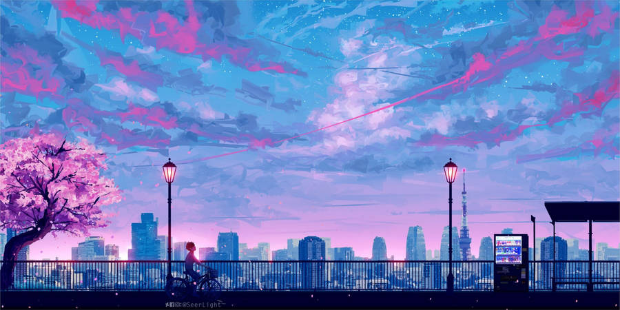 Aesthetic Anime Desktop Biking In City Park Wallpaper