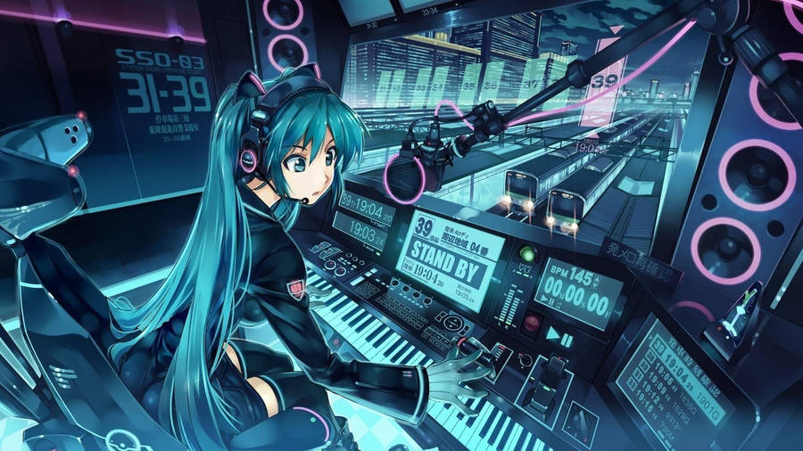 Aesthetic Anime Desktop Hatsune Miku In Recording Studio Wallpaper