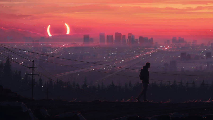Aesthetic Anime Desktop Man Walking During Sunset Wallpaper