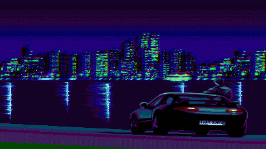 Aesthetic Anime Desktop Retro Car In City Wallpaper