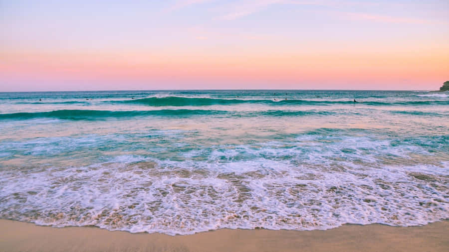 Aesthetic Beach Scene Waves Sunset Wallpaper