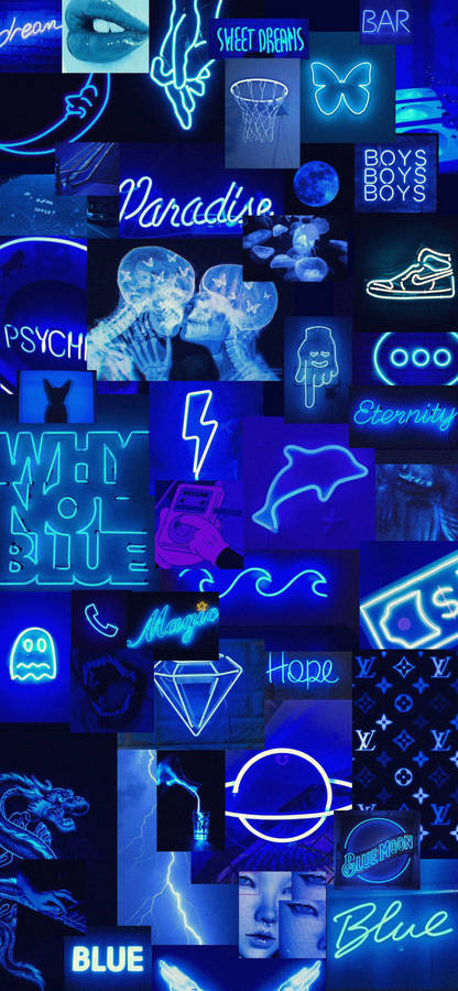 Aesthetic Blue Neon Collage Wallpaper