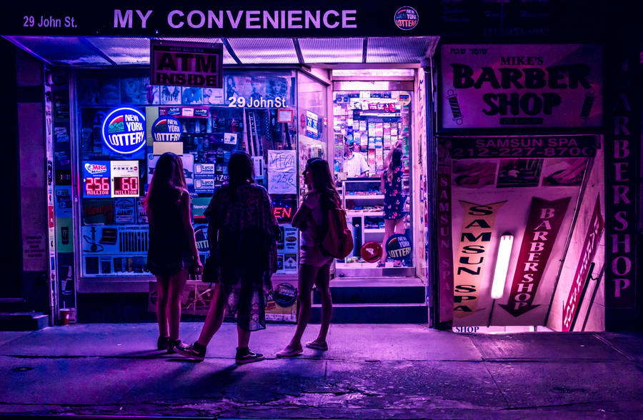 Aesthetic Purple Neon Computer Convenience Store Wallpaper