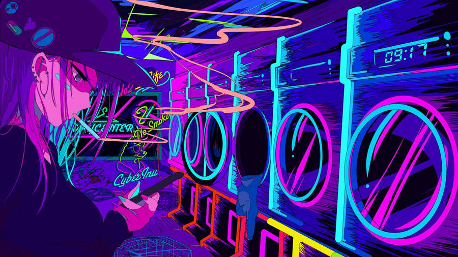 Aesthetic Purple Neon Computer Laundromat Wallpaper