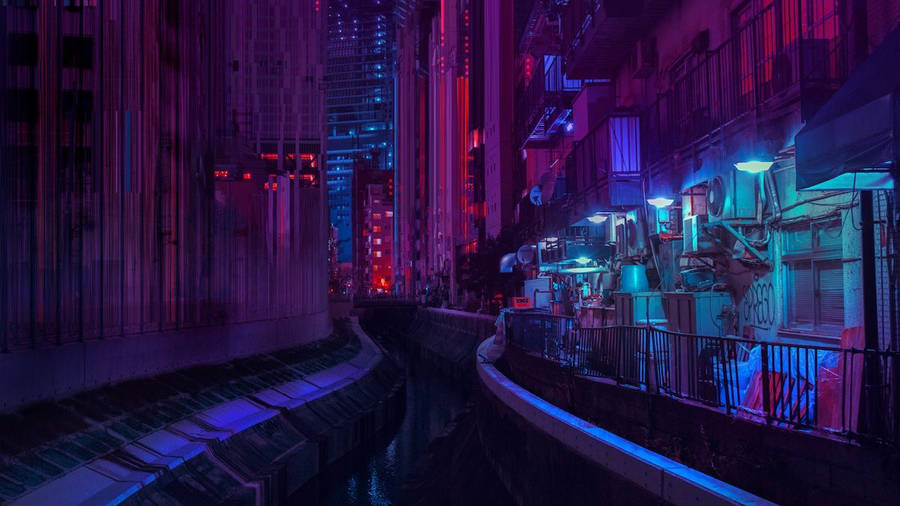 Aesthetic Purple Neon Computer Screen Dark Alley Wallpaper