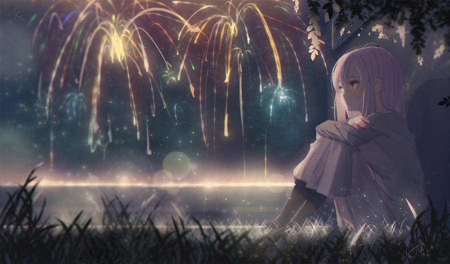 Aesthetic Sad Anime Girl Fireworks Wallpaper