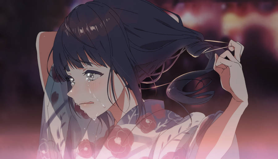 Aesthetic Sad Anime Girl In Kimono Wallpaper