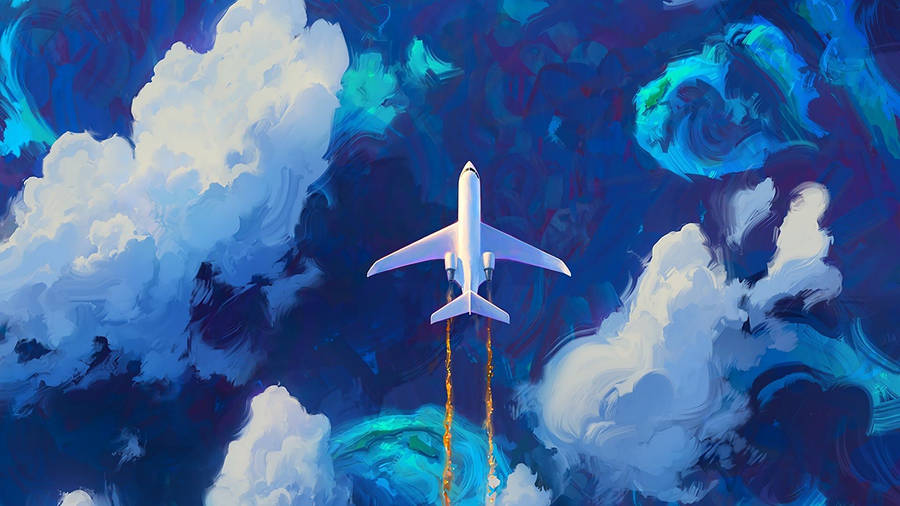 Airplane And Clouds Aesthetic Art Desktop Wallpaper