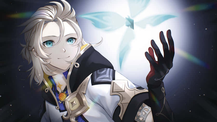 Albedo Genshin Impact Looking At Blue Flower Wallpaper