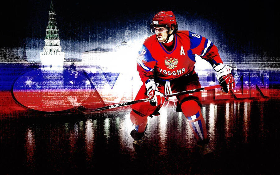 Alex Ovechkin Heroic Pose In Washington Capitals Jersey Against Cityscape Backdrop Wallpaper