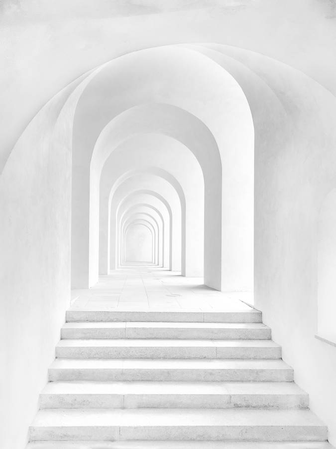 All White Hallway With Stairs Wallpaper