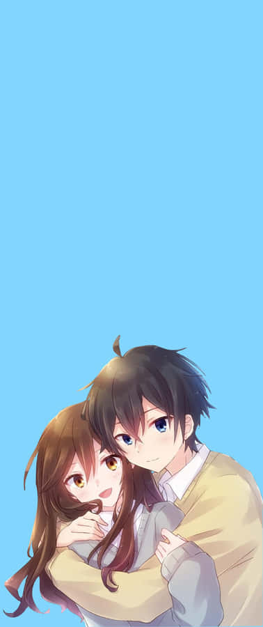 Animated Couple Embrace Sky Backdrop Wallpaper