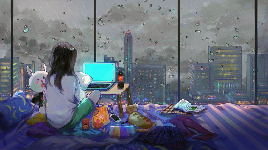 Animated Girl Rainy Day Wallpaper