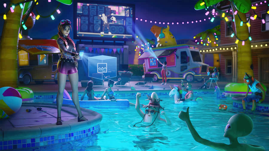 Animated Nighttime Pool Party Scene Wallpaper