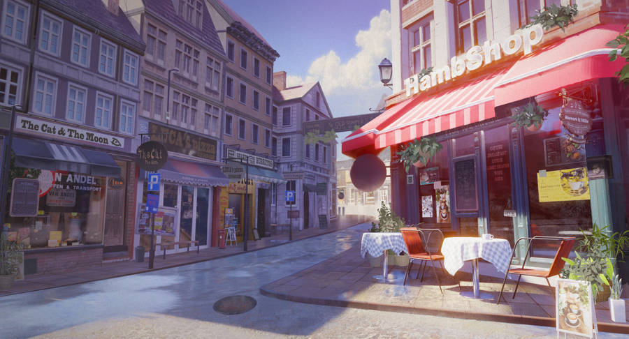 Animated Street With Coffee Shop Wallpaper