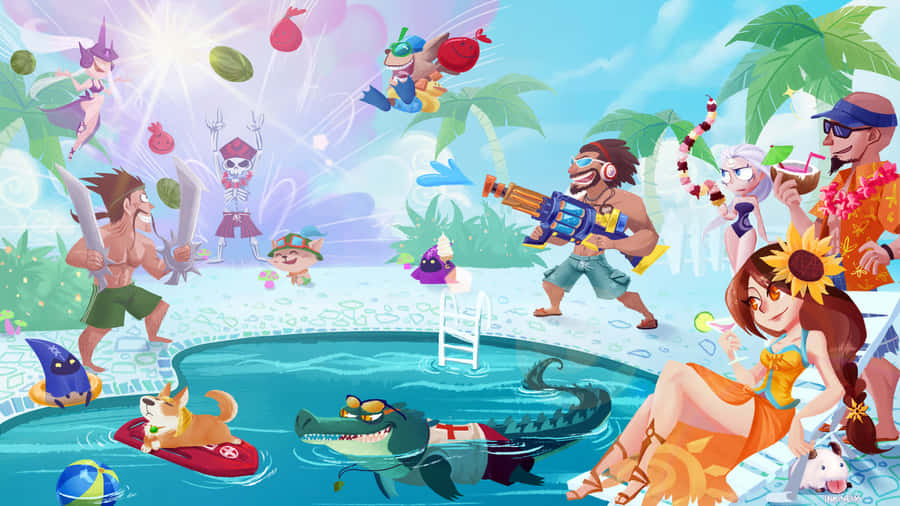 Animated Summer Pool Party Fun Wallpaper