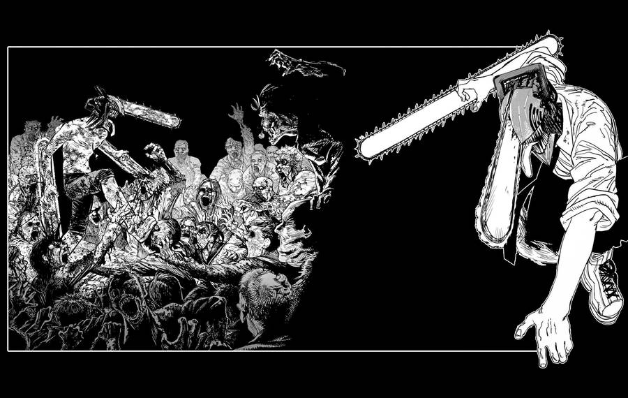 Anime Art Black And White Chainsaw Man Denji Fight Wallpaper