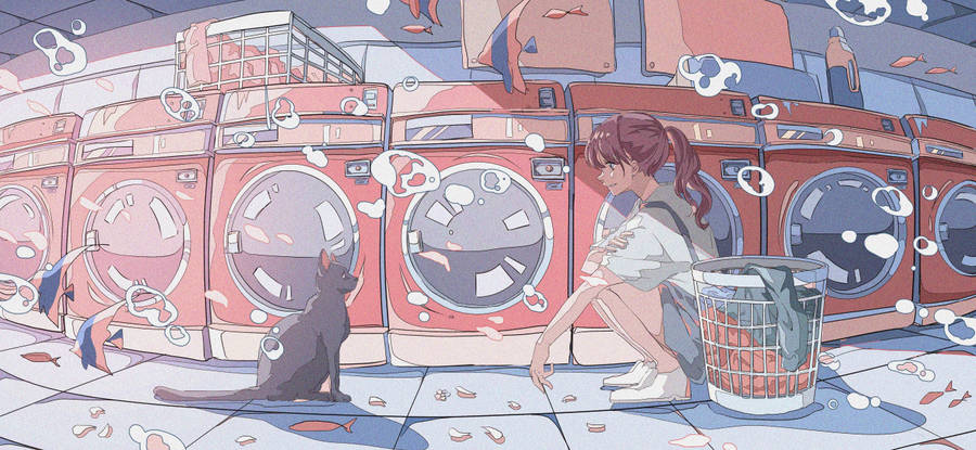 Anime Cat In Laundry Shop Wallpaper