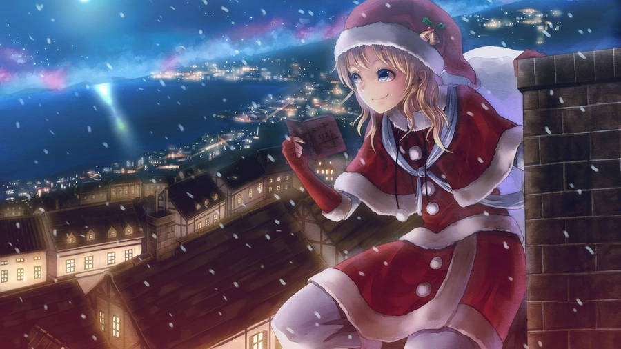 Anime Christmas Santa Girl On Chimney Wallpaper