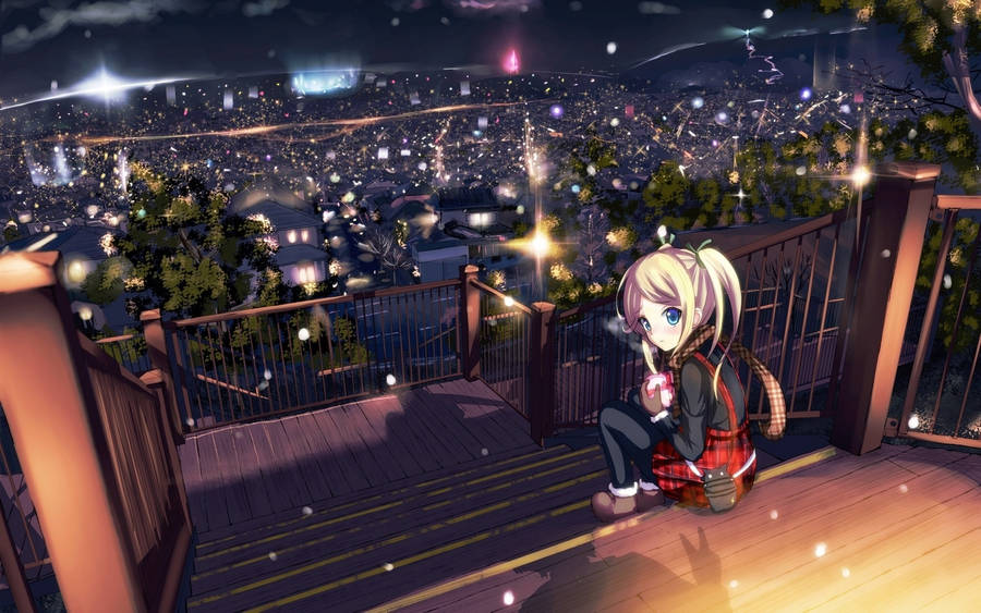 Anime City Girl On Stairs Wallpaper