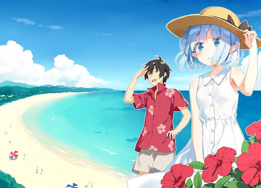 Anime Couple Beach Vacation Wallpaper