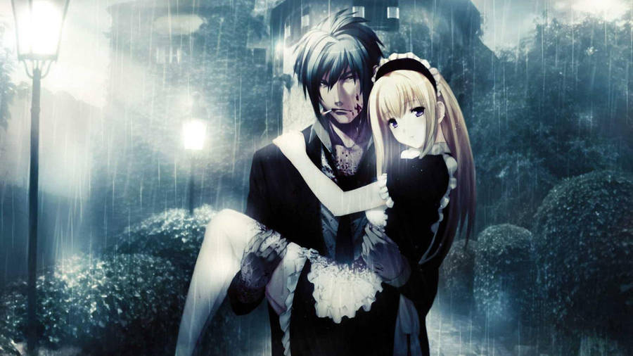 Anime Couple Hug Rainy Day Wallpaper