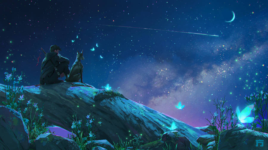 Anime Dog And Boy Stargazing Wallpaper