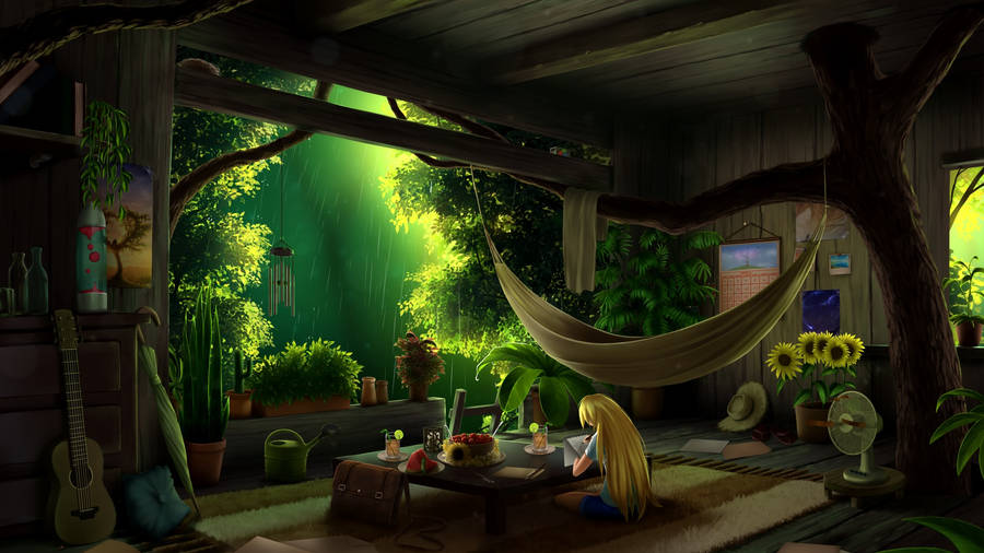 Anime Girl On Hammock In Bedroom Wallpaper