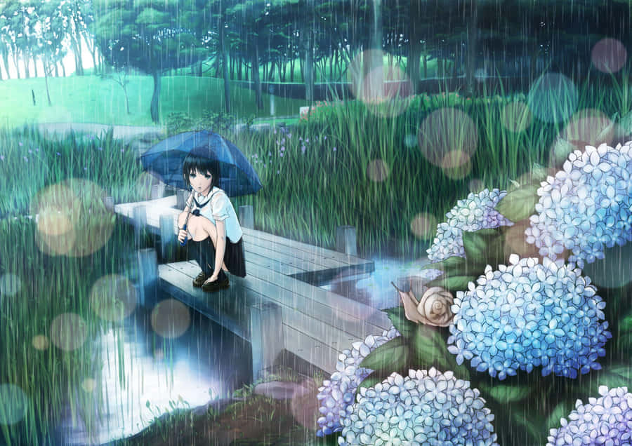 Anime Girl Rainy Garden Solitude Wallpaper