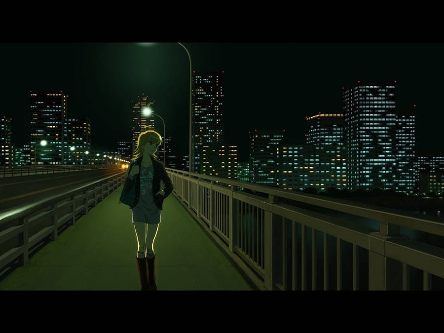 Anime Girl Sad Alone Walking On Bridge Wallpaper