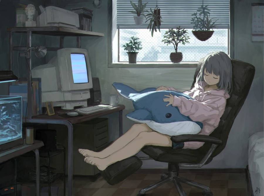 Anime Girl Sleeping In Front Of Laptop Wallpaper