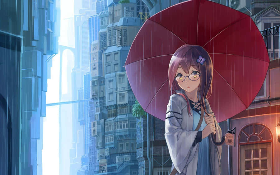 Anime Girl With Red Umbrella Rainy Cityscape Wallpaper