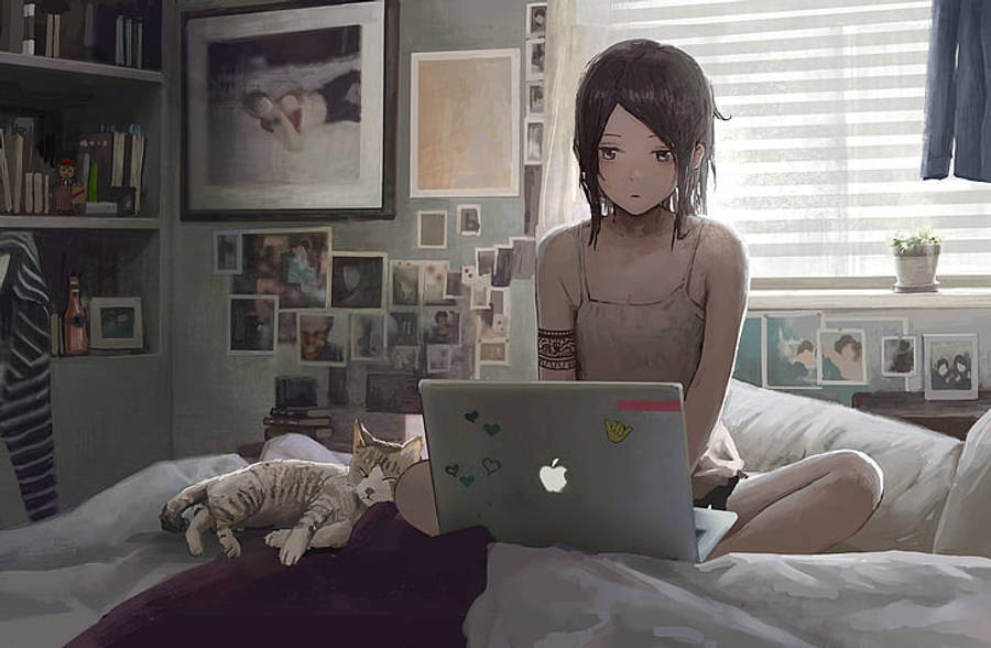 Anime Girl Working With Laptop On Bed Wallpaper