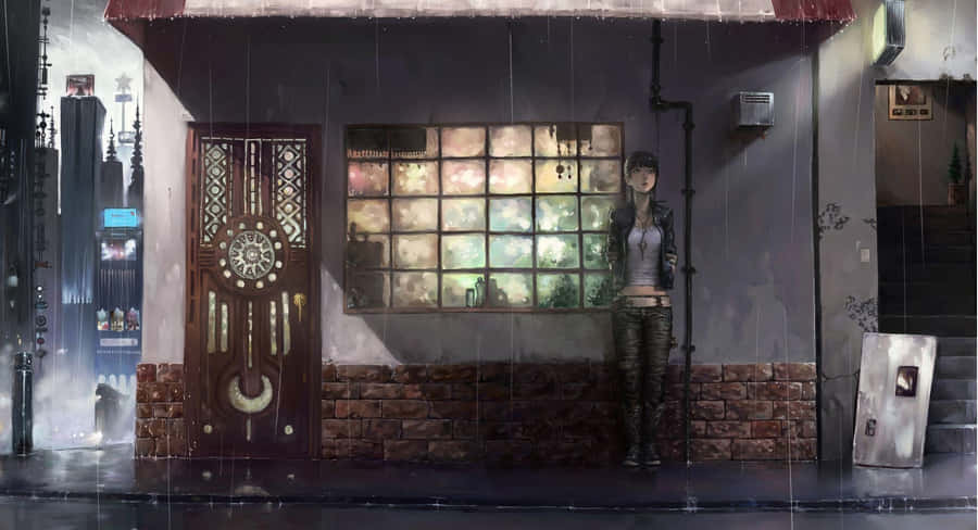 Anime Rain Sheltered Waiting Wallpaper