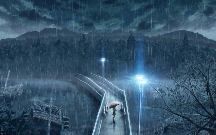 Anime Rainy Night Bridge Walk Wallpaper