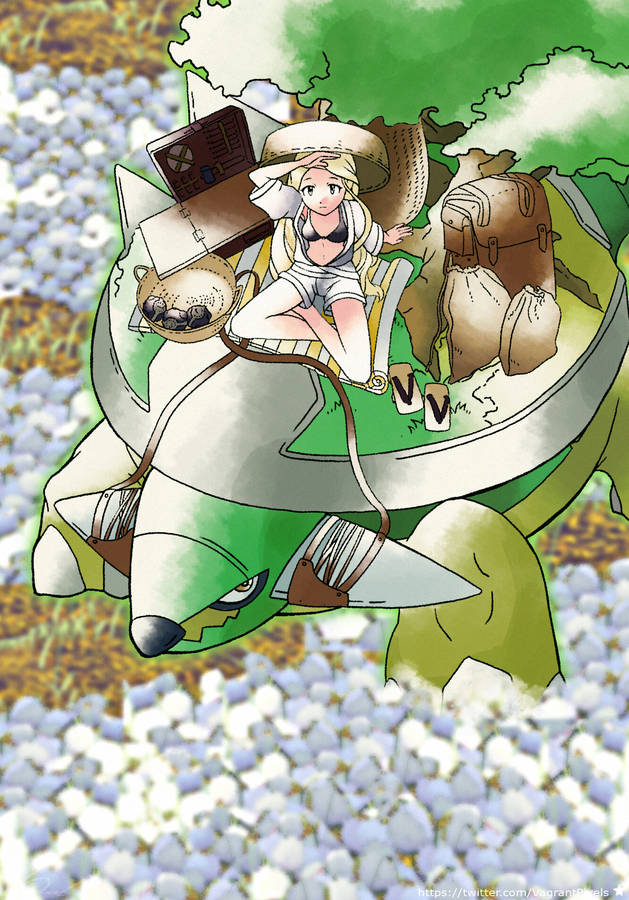 Anime Trainer Resting On Torterra Wallpaper