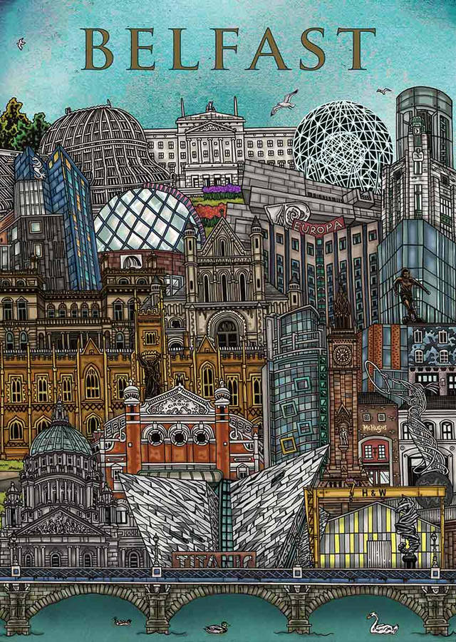 Artistic Doodle Representation Of Belfast Highlights Wallpaper