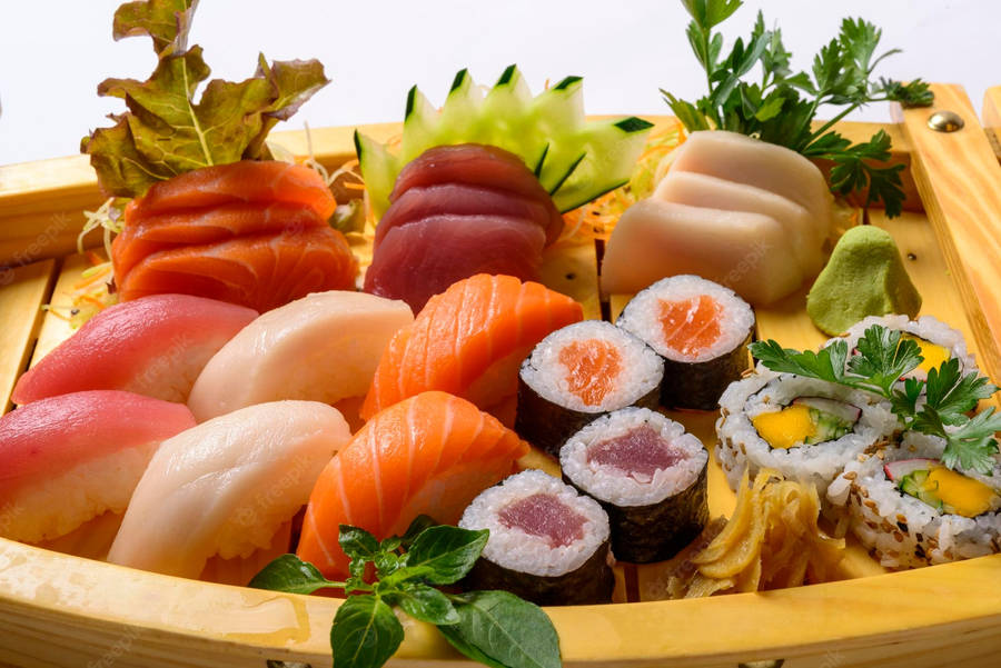 Assorted Sashimi On Wooden Platter Wallpaper