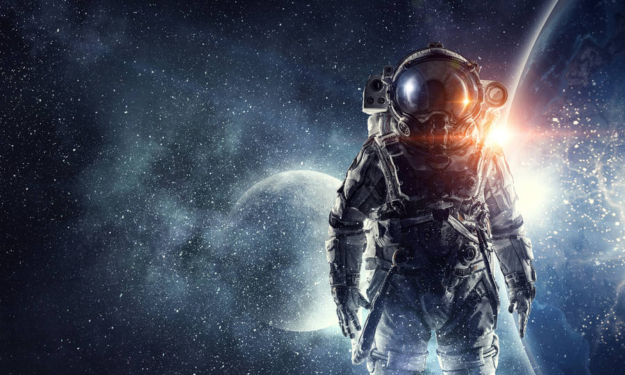 Astronaut Between Moon And Earth Wallpaper