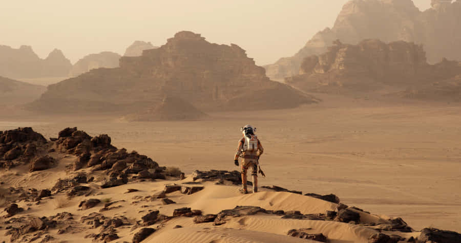 Astronaut Mark Watney Standing On The Rocky Terrain Of Mars. Wallpaper